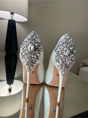 Badgley Mischka Kiara White Satin Pointed Crystal-Embellished Stilettos